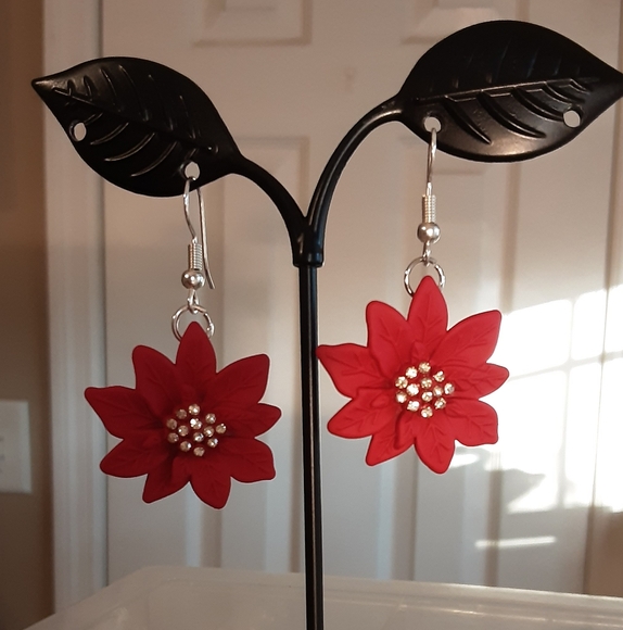 Hand Crafted Poinsettia Earrings Red Christmas Pierced - Picture 2 of 3